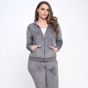 Velour Super Stretch Solid 2-Piece Women Long Sleeve Hoodie Tracksuit - GRAY